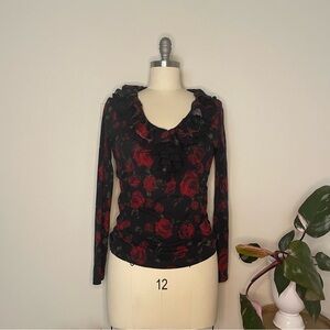 Vintage American Living black and red rose cotton blouse with ruffled neckline